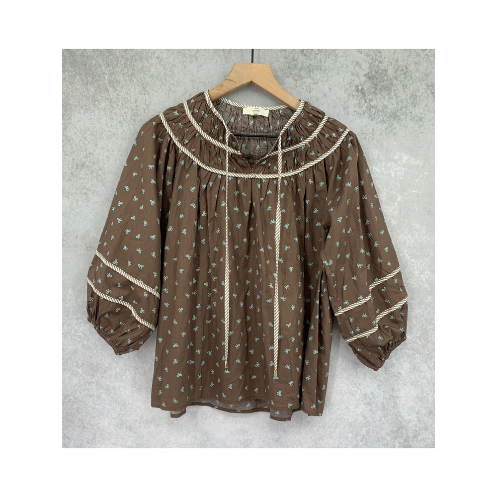 Entro Shirt Womens Medium Brown Aqua Bow Print Smocked Yoke Peasant Top